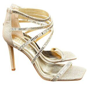 Gianni Bini Gold Glitter Rhinestone Strappy Heels With Square Toe High Heel Sand